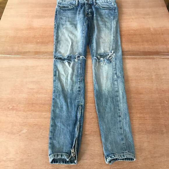 MNML Jeans Men 28x30 Blue Low Rise Distressed Button Fly Ankle Zip Medium Wash - Picture 1 of 13